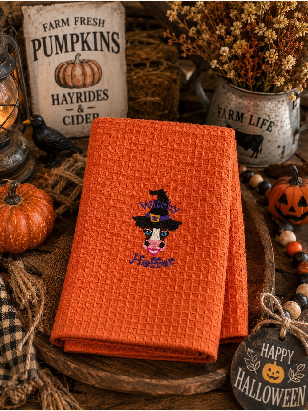Halloween Orange Waffle Weave Kitchen Towel - Witchy Heffer Embroidery